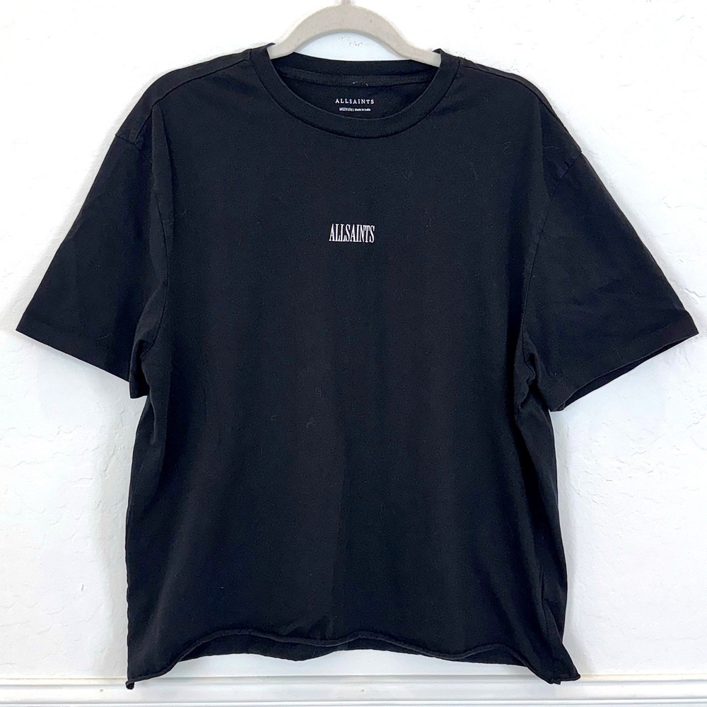 AllSaints‎ Mens Logo Graphic T-Shirt Black Cotton Raw Hem Size Medium